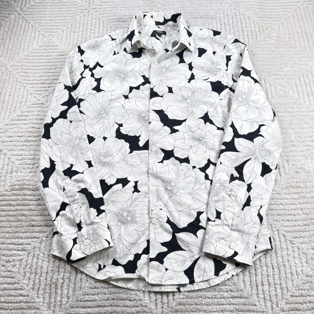 Express Slim 1MX Shirt Men's Small White Black Floral Date Night Botanical Artsy